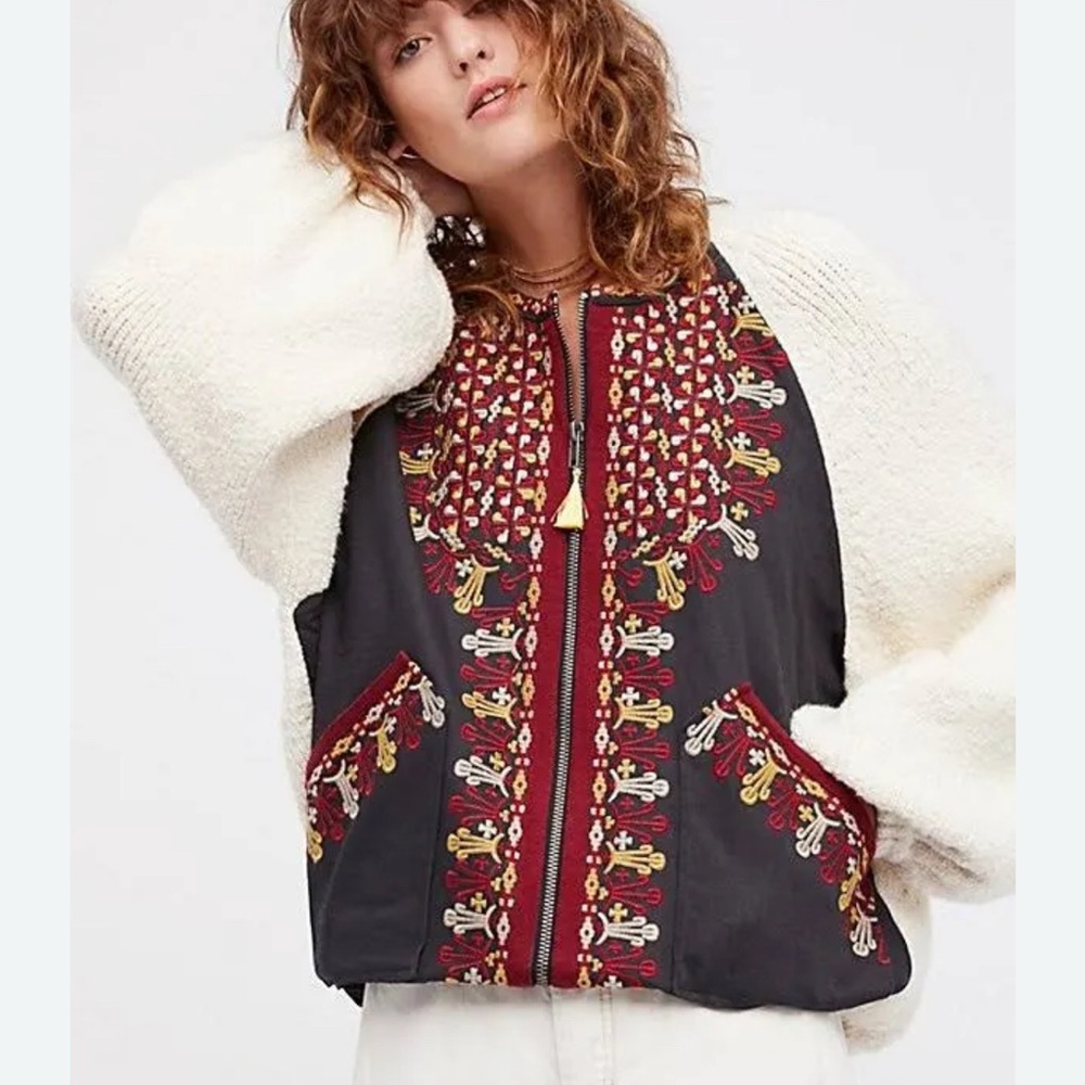 Free People Embroidered Black and Red zip up